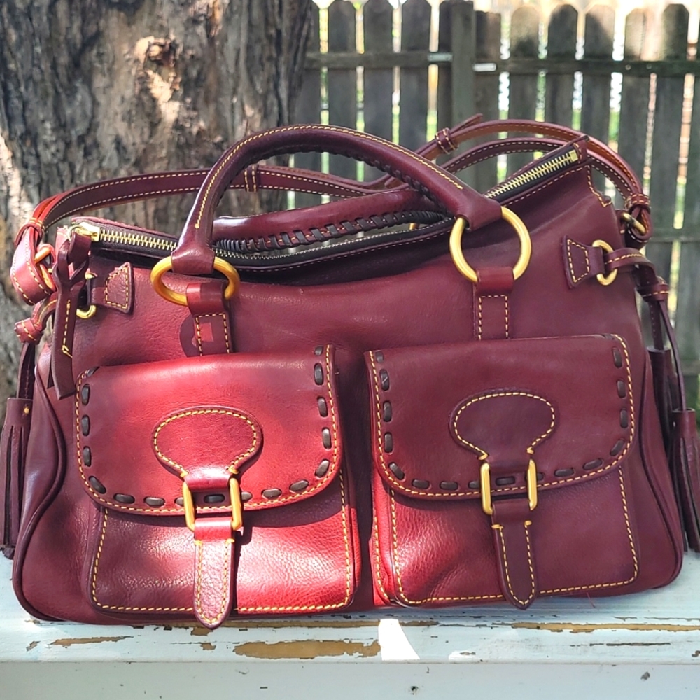 Dooney and bourke double pocket satchel in crimson